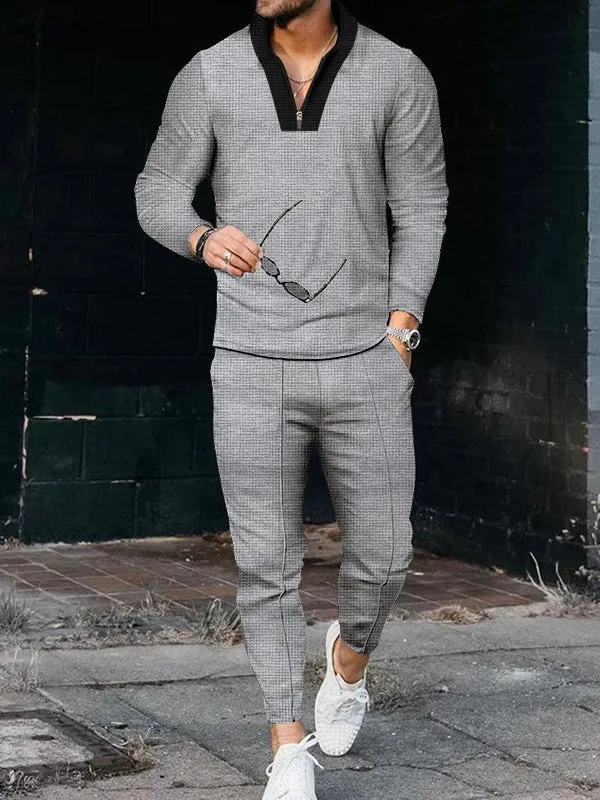 Waffle Long Sleeves Paneled Stand Collar Long Sleeve Tracksuit Sets