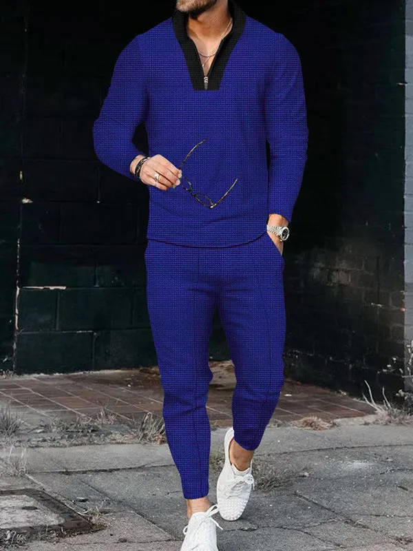 Waffle Long Sleeves Paneled Stand Collar Long Sleeve Tracksuit Sets