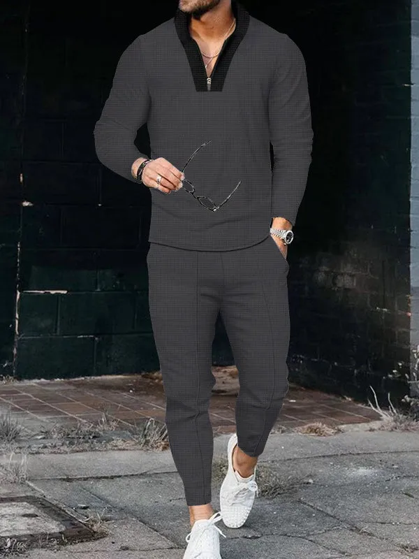 Waffle Long Sleeves Paneled Stand Collar Long Sleeve Tracksuit Sets