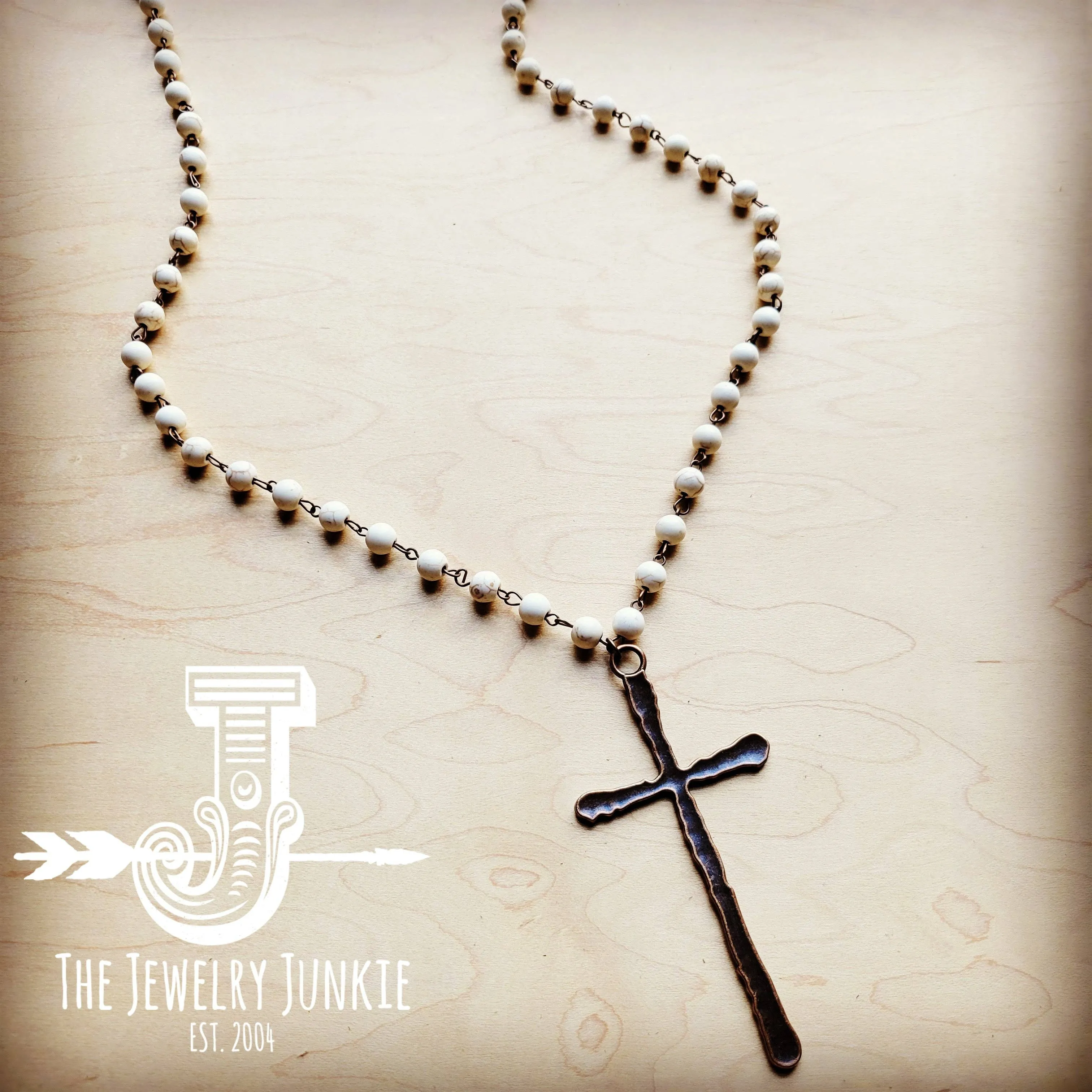 White Turquoise Long Beaded Necklace with Antique Cross: White Turquoise