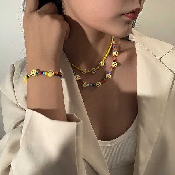 Wholesale colored rice beads colored smiley face rice bead necklace JDC-NE-KunJ036