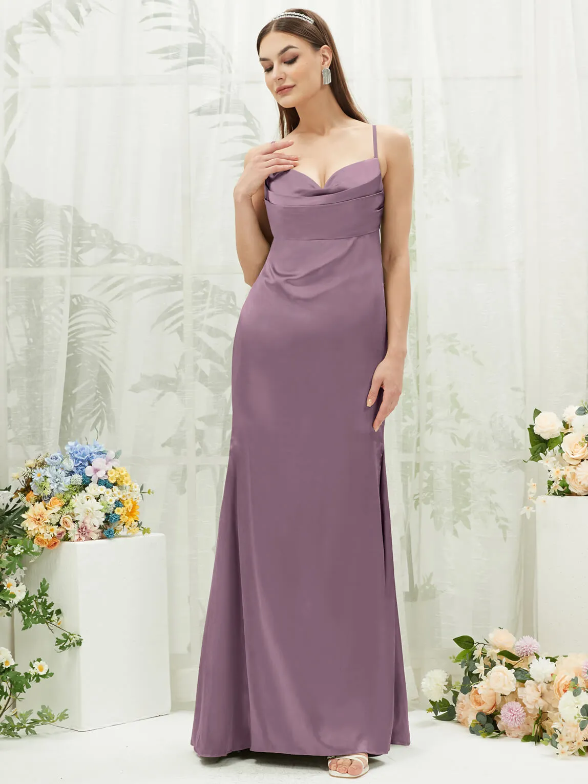Wisteria Satin Cowl Neck Adjustable Straps Backless Long Bridesmaid Dress