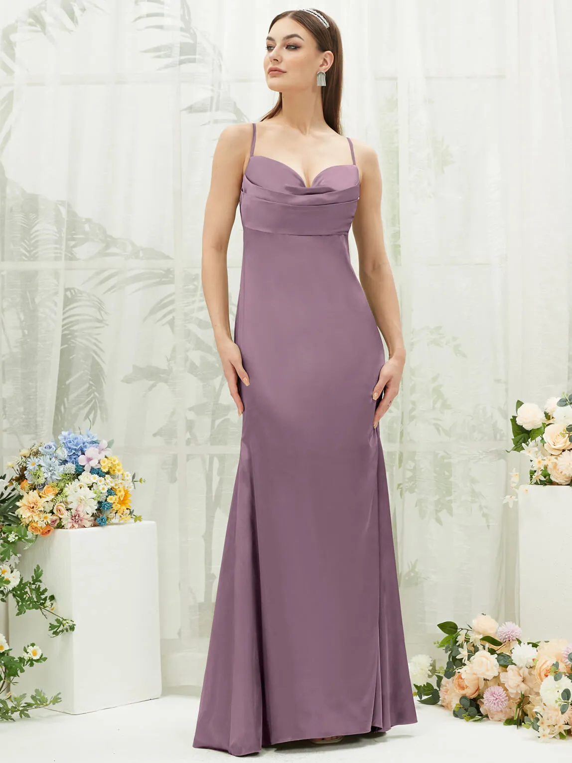 Wisteria Satin Cowl Neck Adjustable Straps Backless Long Bridesmaid Dress