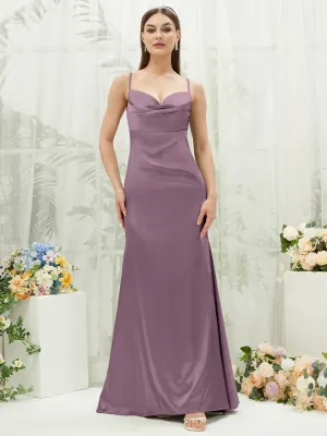Wisteria Satin Cowl Neck Adjustable Straps Backless Long Bridesmaid Dress
