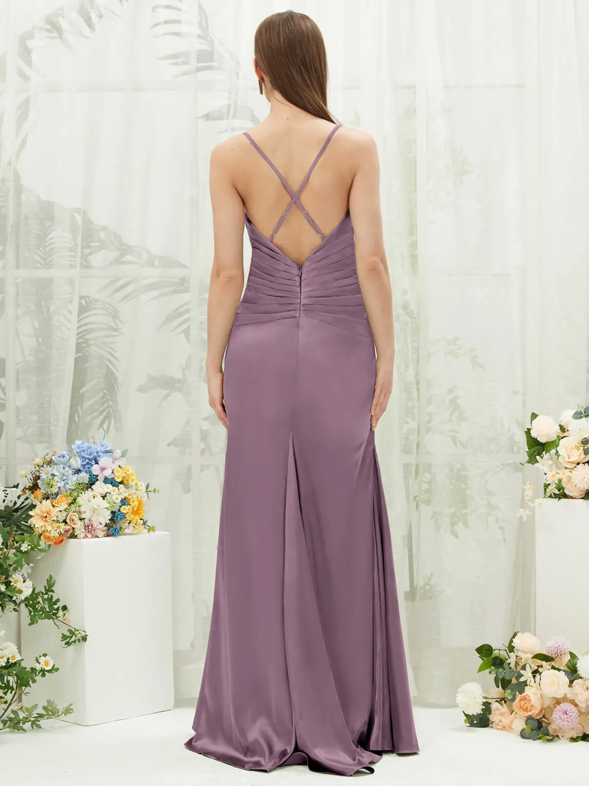 Wisteria Satin Cowl Neck Adjustable Straps Backless Long Bridesmaid Dress