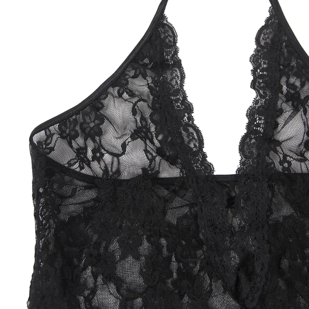 With Farawlaya Sexy Lace Sleeveless See-Through Backless Deep V-Neck Bodysuit With Stocking