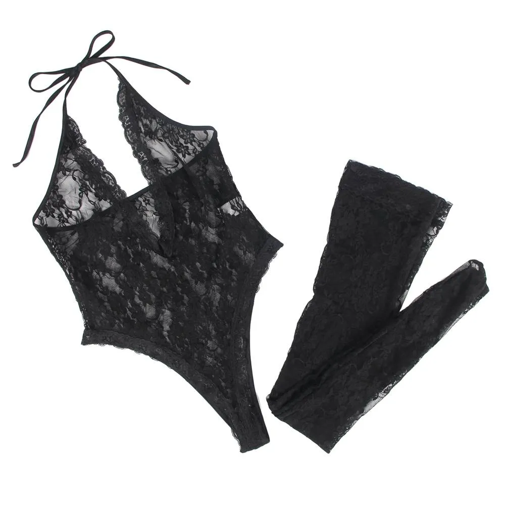 With Farawlaya Sexy Lace Sleeveless See-Through Backless Deep V-Neck Bodysuit With Stocking