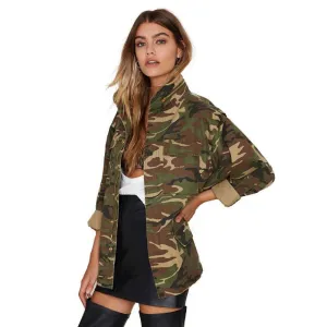 Women Loose Camouflage Coat Stand Collar Pocket Long Sleeve Zipper Outwear Jacket