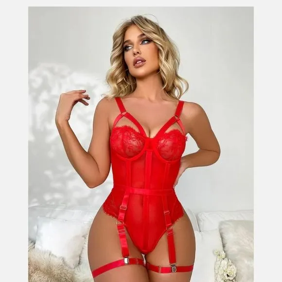 Women Eyelash Lace Trim Teddy Sexy-Lingerie One Piece Bodysuit with Thigh Straps