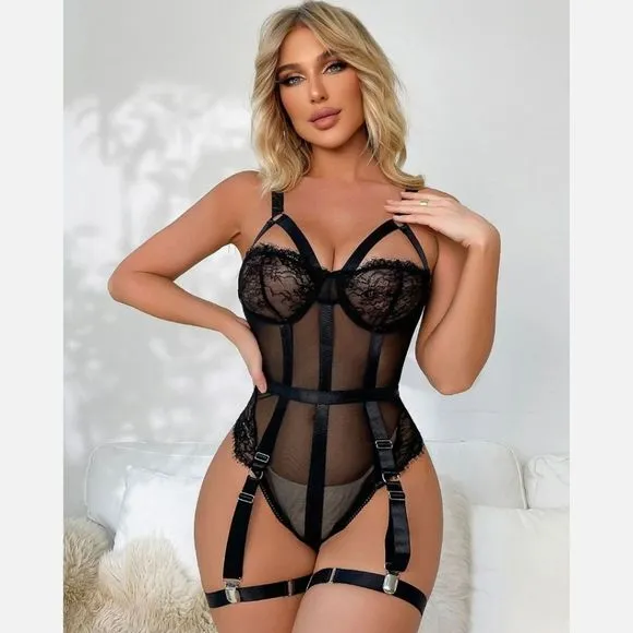 Women Eyelash Lace Trim Teddy Sexy-Lingerie One Piece Bodysuit with Thigh Straps