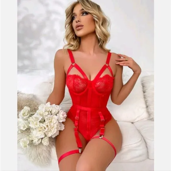 Women Eyelash Lace Trim Teddy Sexy-Lingerie One Piece Bodysuit with Thigh Straps