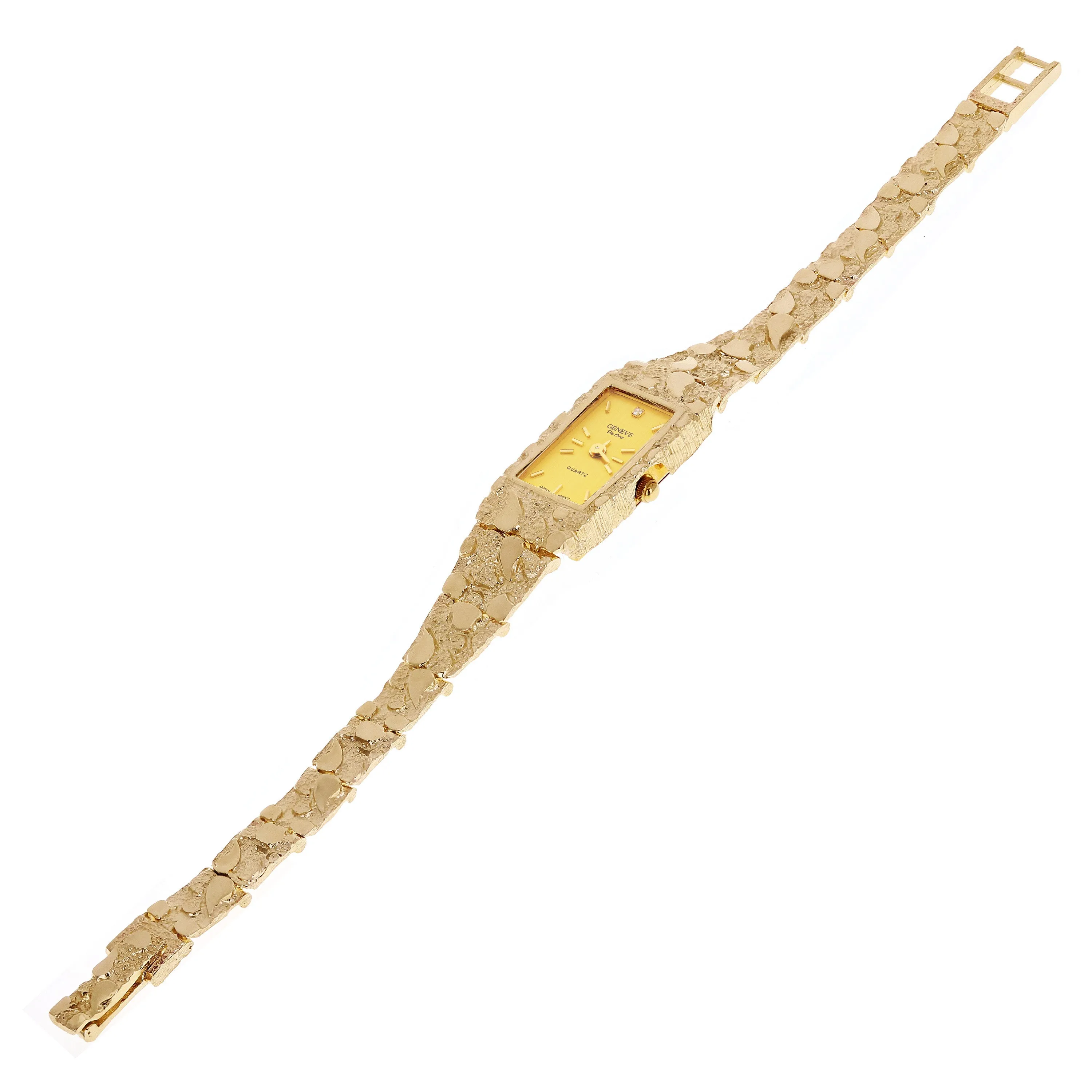 Women's 10k Yellow Gold Nugget Band Wrist Bracelet Geneve Watch w/ Diamond 6.5" - 8"