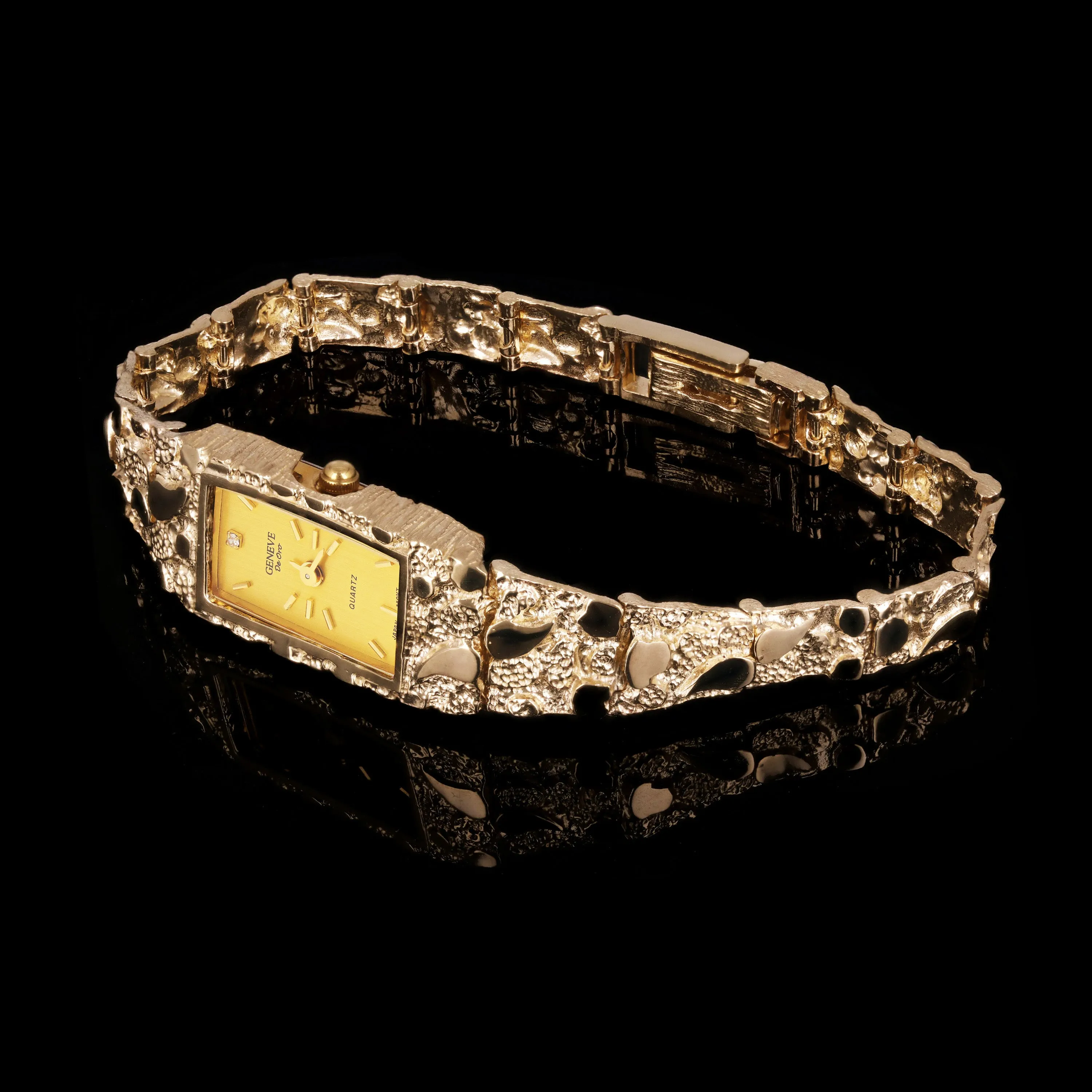 Women's 10k Yellow Gold Nugget Band Wrist Bracelet Geneve Watch w/ Diamond 6.5" - 8"