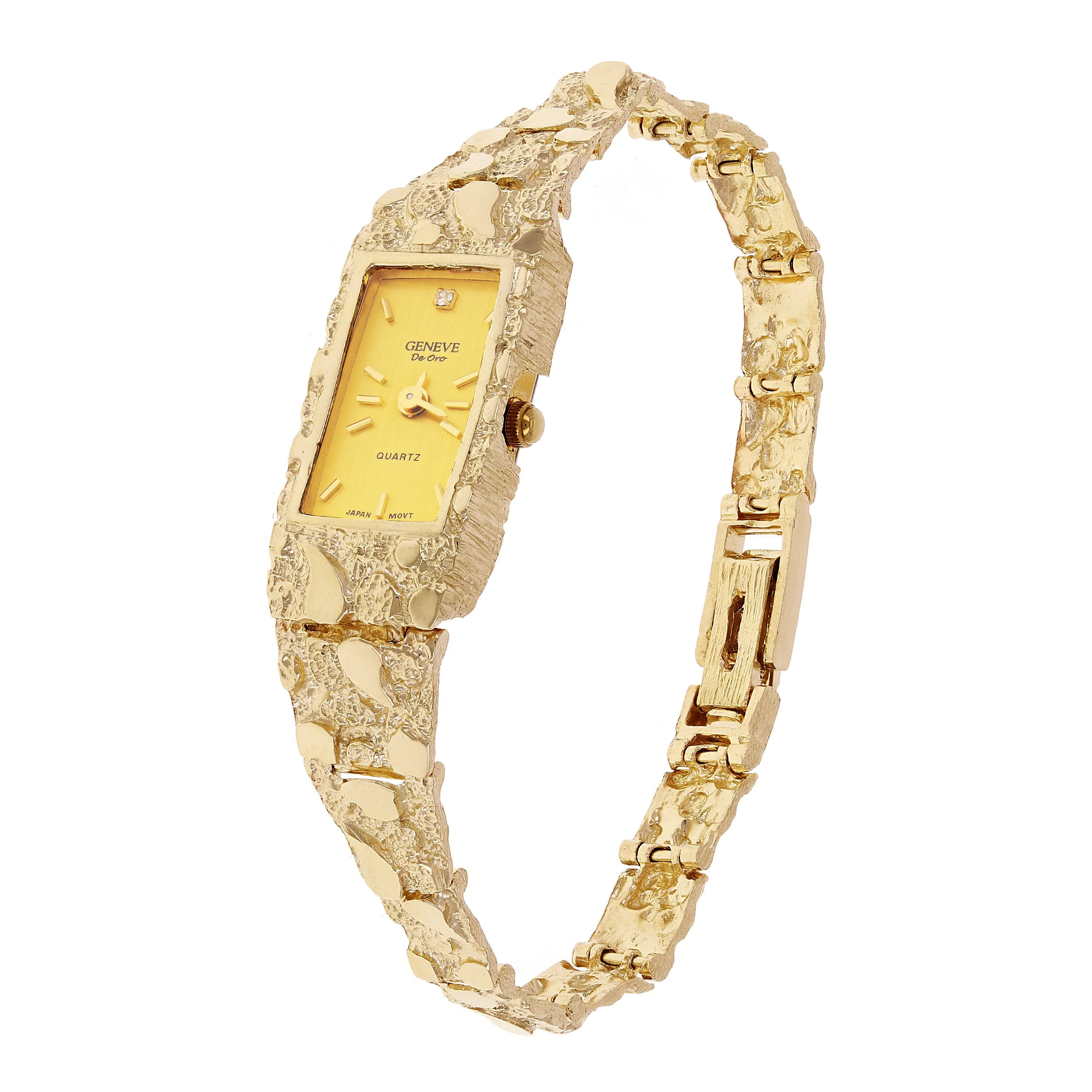 Women's 10k Yellow Gold Nugget Band Wrist Bracelet Geneve Watch w/ Diamond 6.5" - 8"