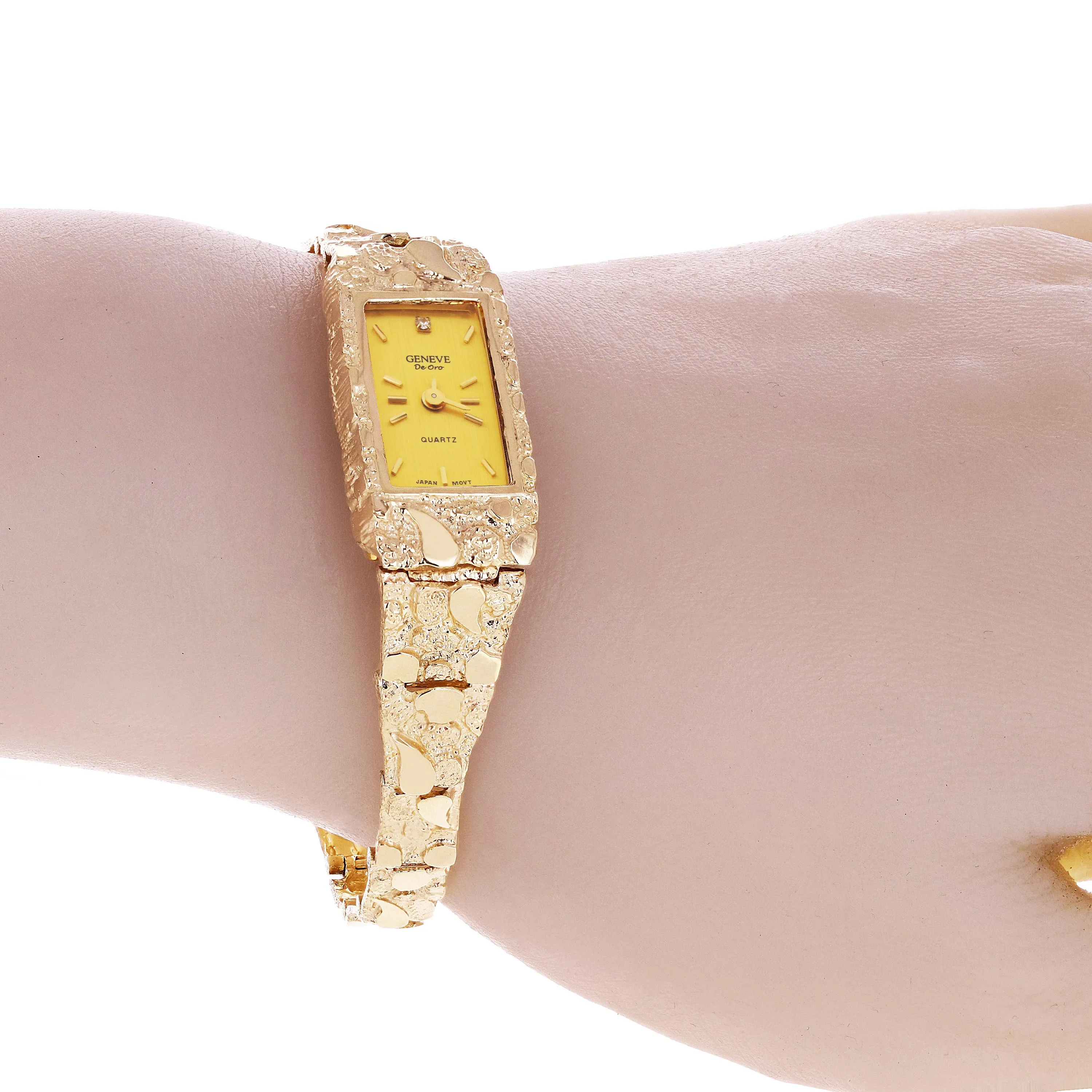 Women's 10k Yellow Gold Nugget Band Wrist Bracelet Geneve Watch w/ Diamond 6.5" - 8"