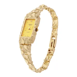 Women's 10k Yellow Gold Nugget Band Wrist Bracelet Geneve Watch w/ Diamond 6.5" - 8"