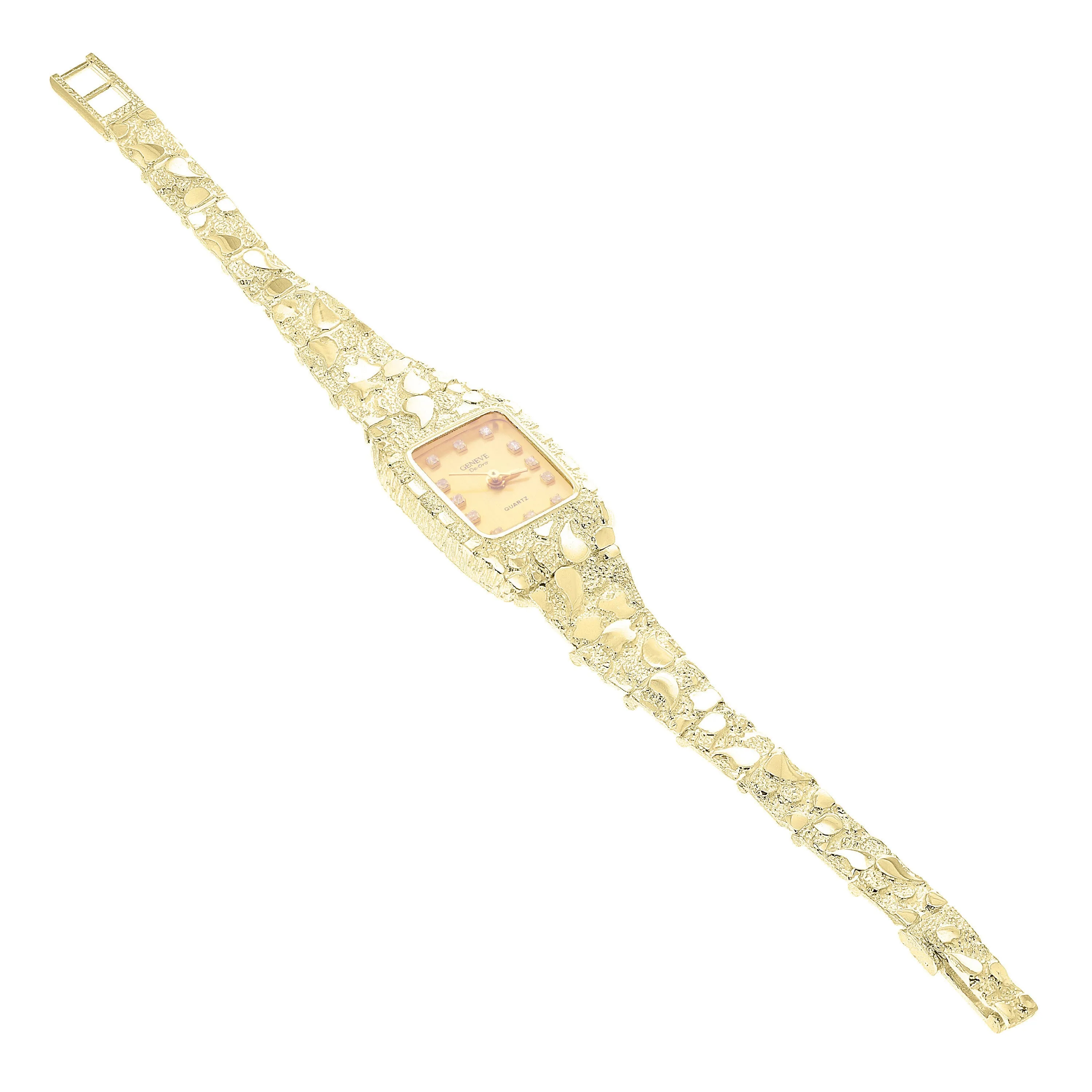 Women's 10k Yellow Gold Nugget Band Wrist Watch Geneve with Diamonds 7" - 8.5"