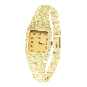 Women's 10k Yellow Gold Nugget Band Wrist Watch Geneve with Diamonds 7" - 8.5"