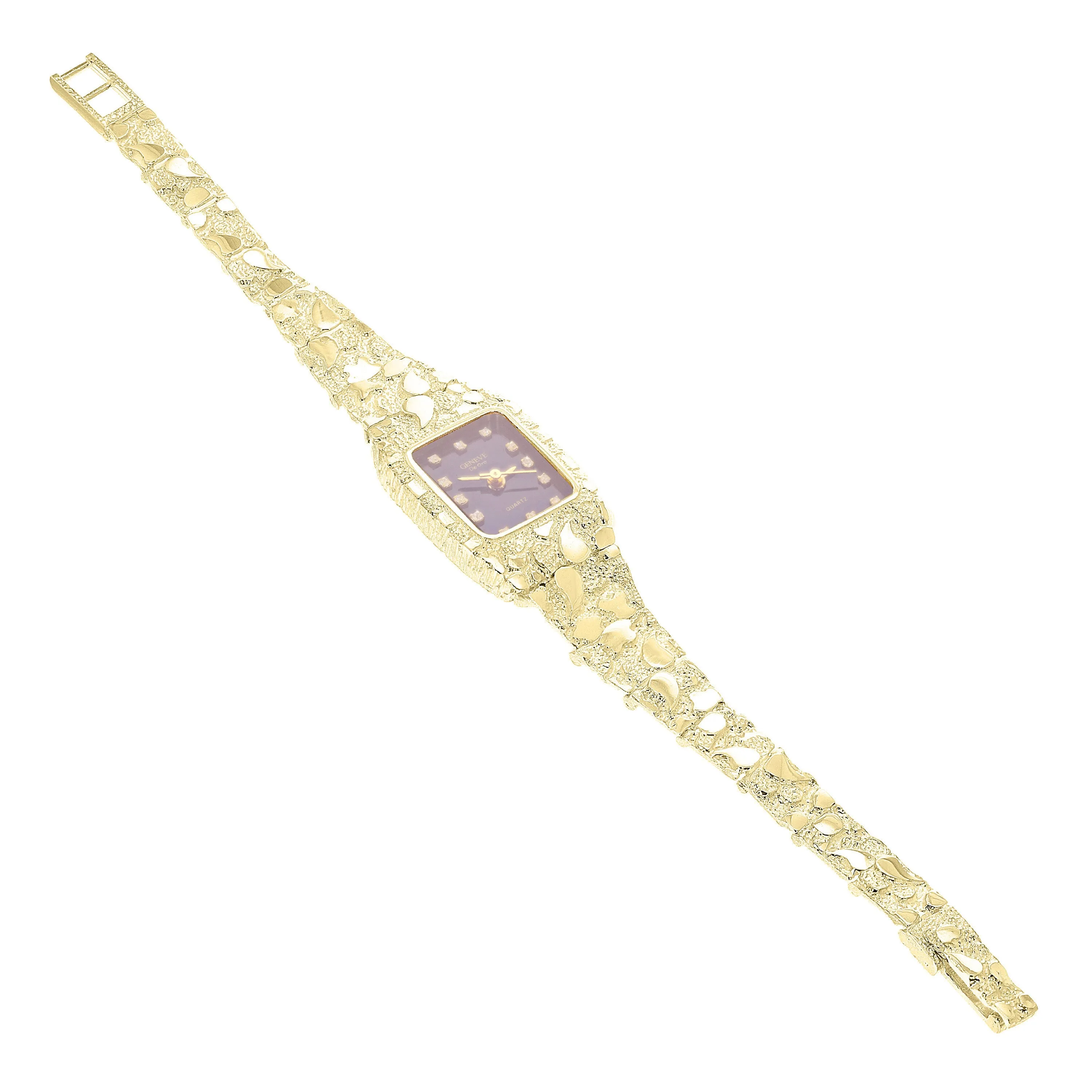 Women's 10k Yellow Gold Nugget Band Wrist Watch Geneve with Diamonds 7" - 8.5"