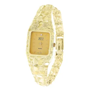 Women's 10k Yellow Gold Nugget Bracelet Wrist Band Geneve Diamond Watch 6.5"