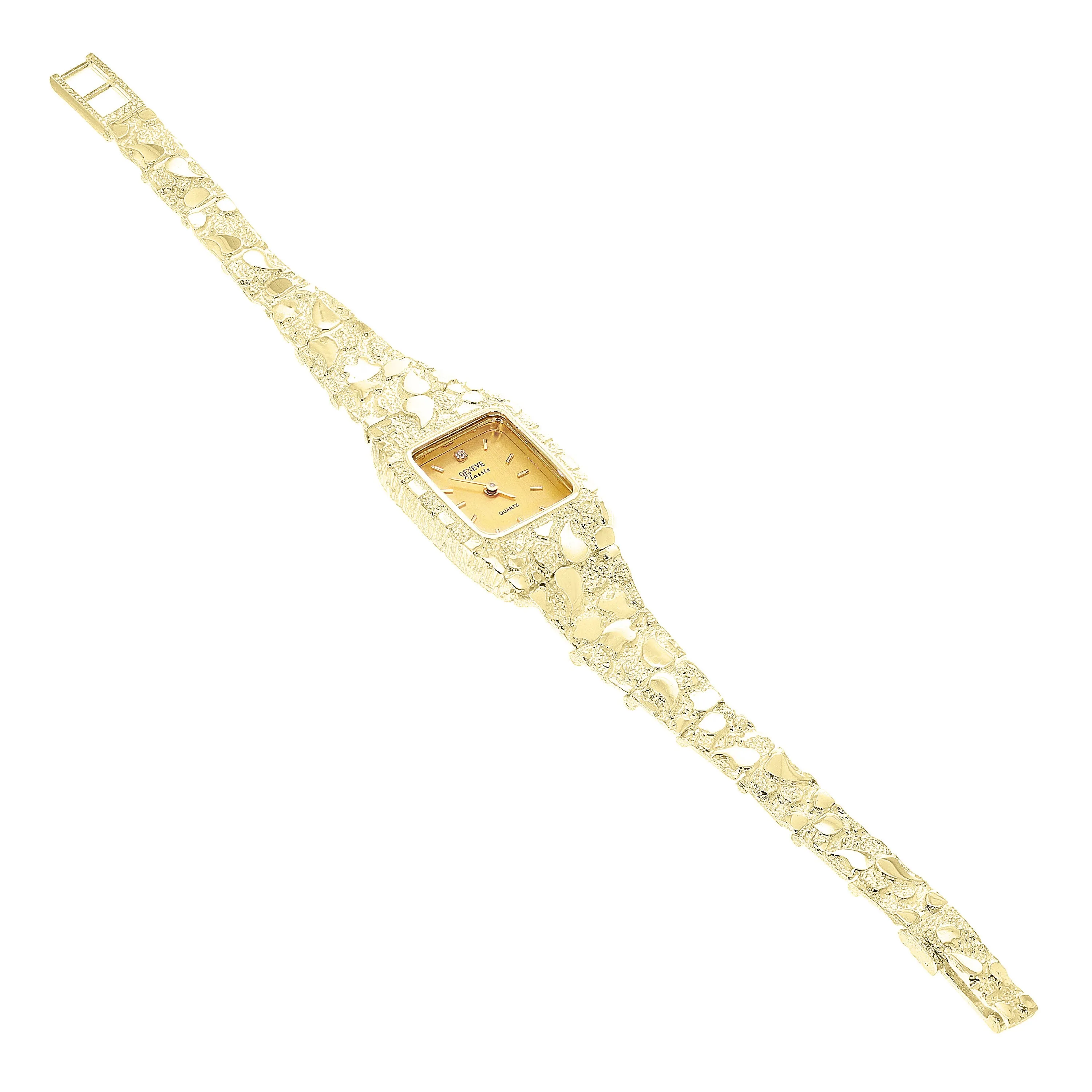 Women's 10k Yellow Gold Nugget Bracelet Wrist Band Geneve Diamond Watch 6.5"