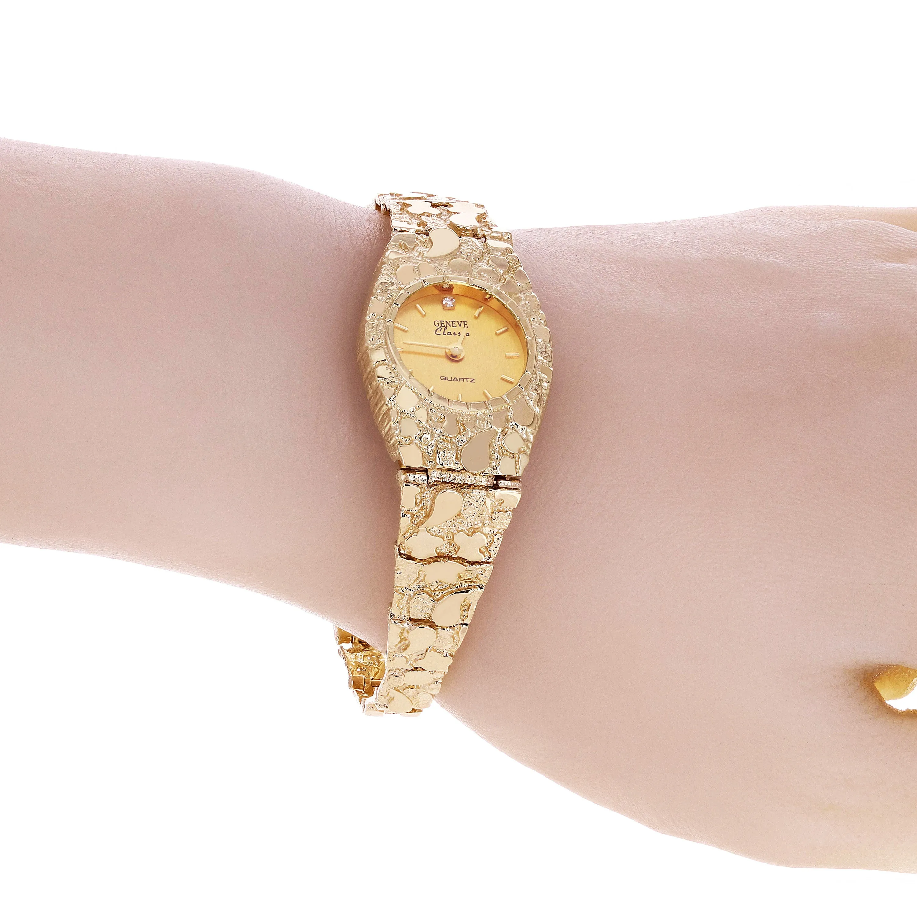 Women's 10k Yellow Gold Nugget Link Bracelet Geneve Wrist Watch with Diamond 8"