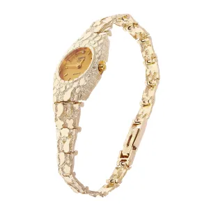 Women's 10k Yellow Gold Nugget Link Bracelet Geneve Wrist Watch with Diamond 8"