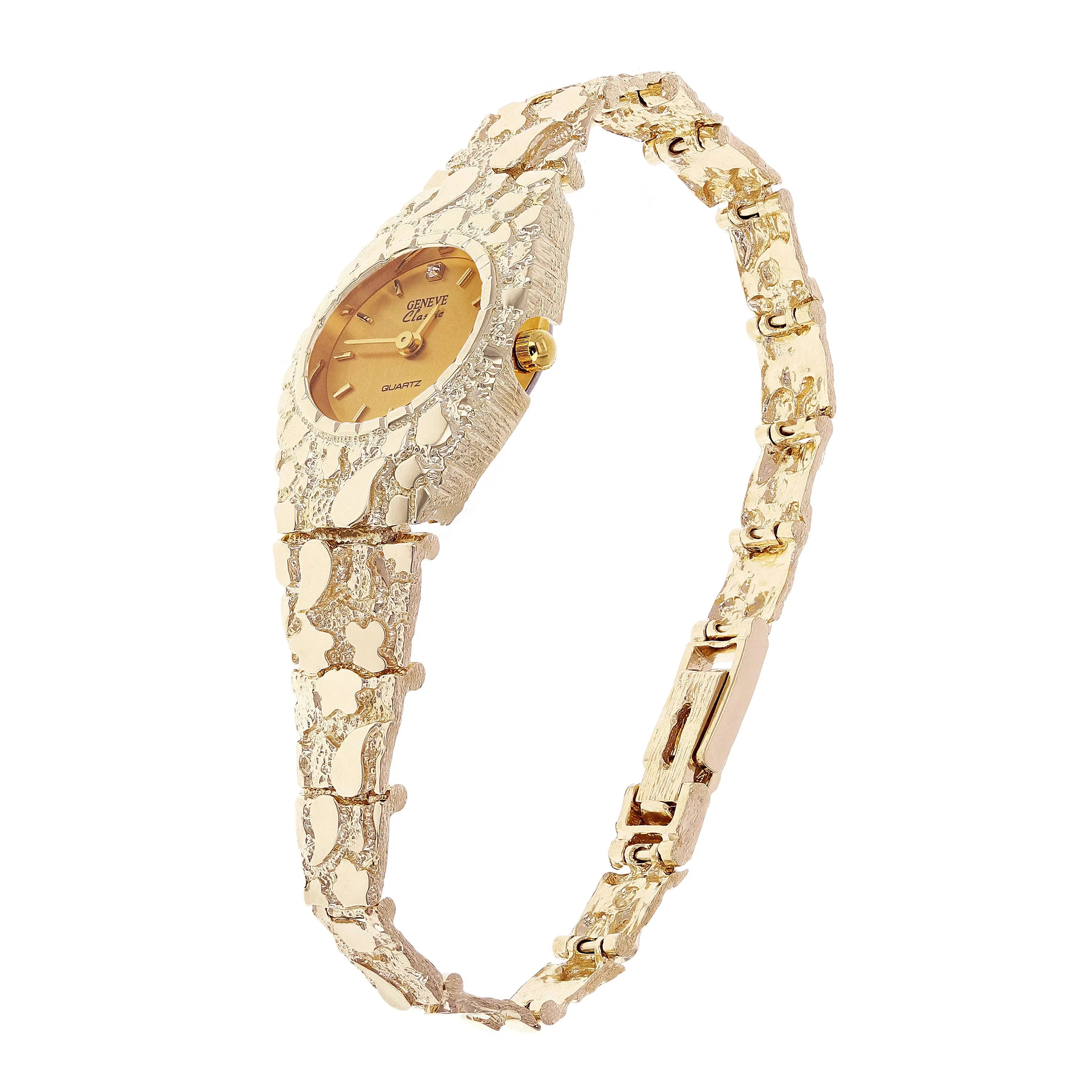 Women's 10k Yellow Gold Nugget Link Bracelet Geneve Wrist Watch with Diamond 8"