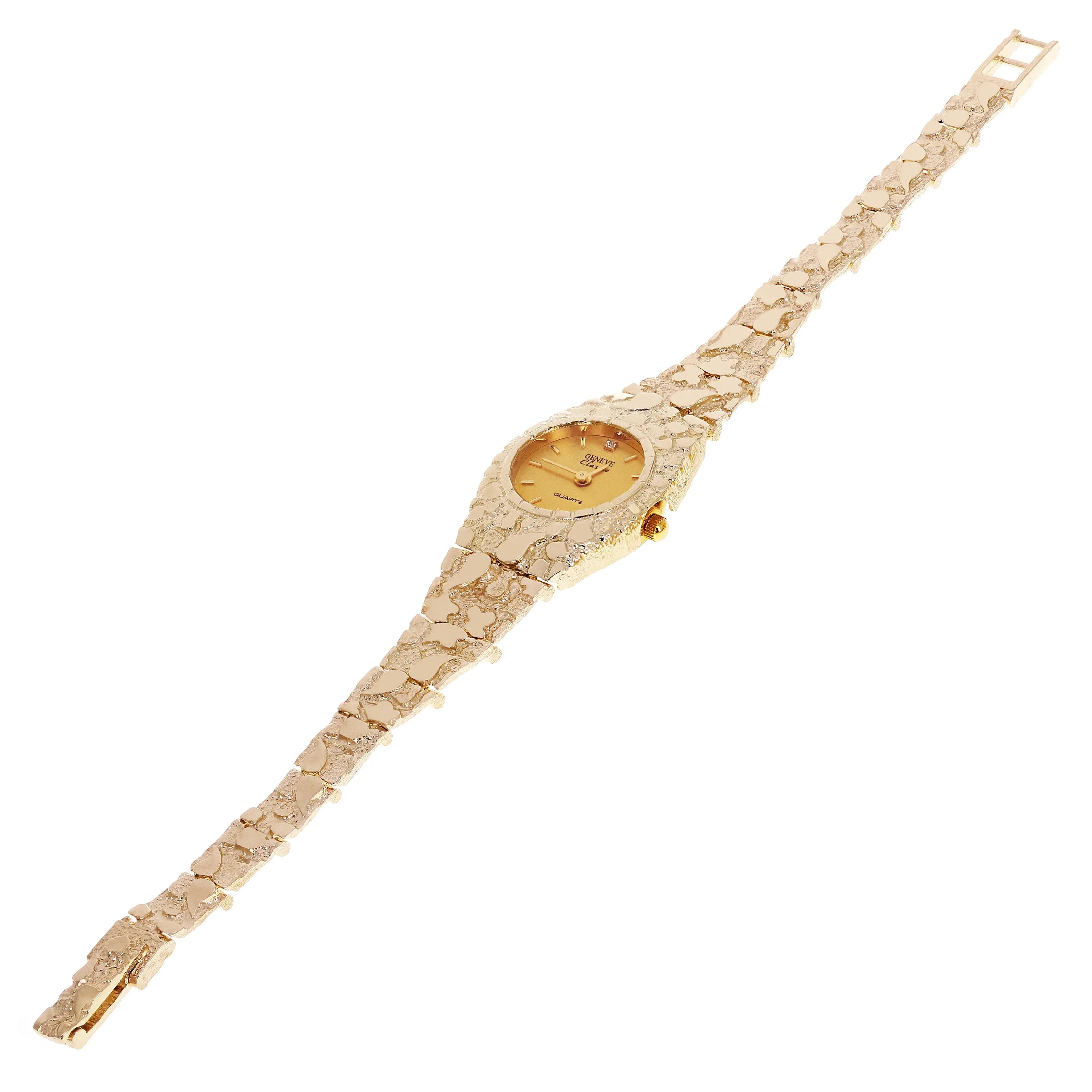 Women's 10k Yellow Gold Nugget Link Bracelet Geneve Wrist Watch with Diamond 8"