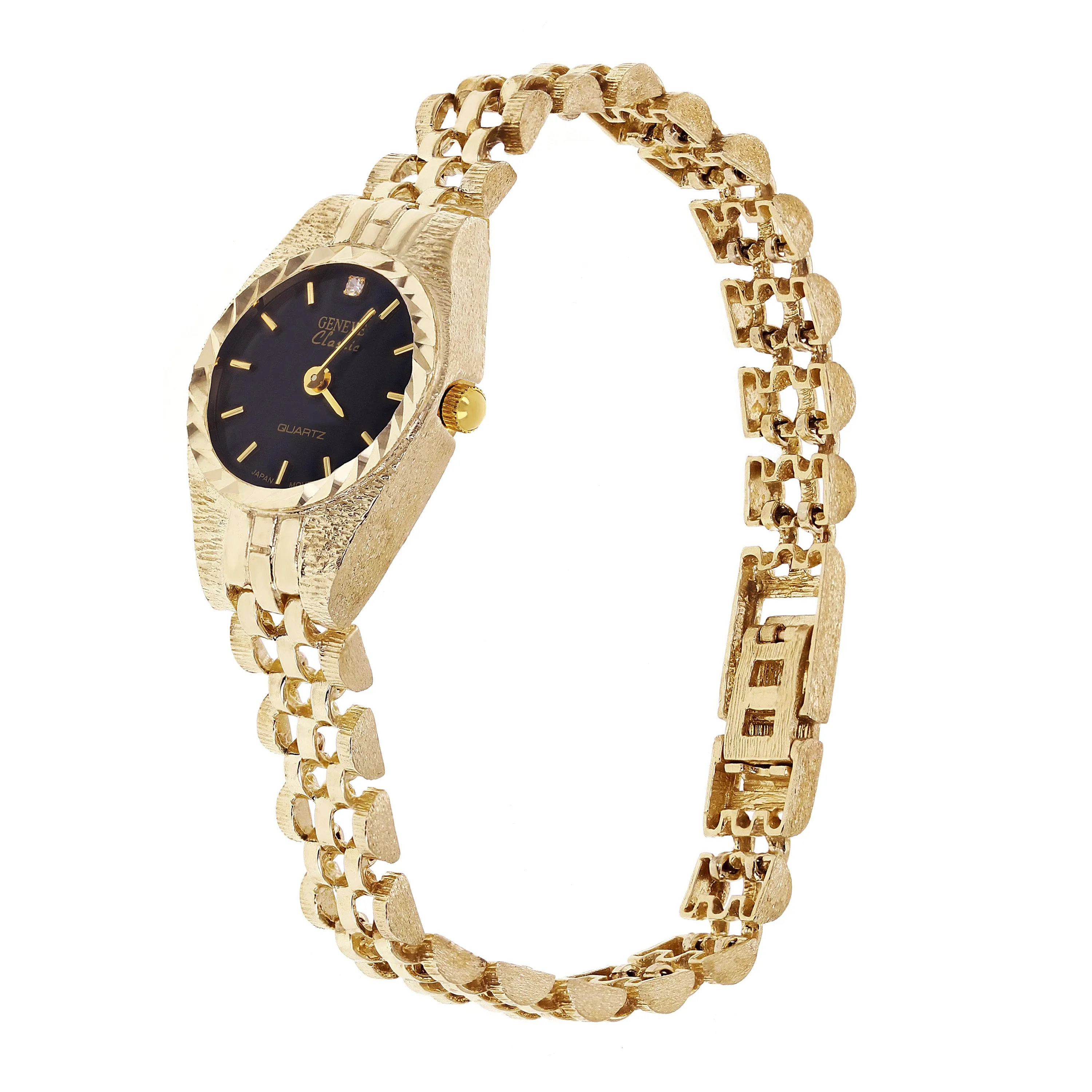 Women's 10k Yellow Gold Watch Link Geneve Diamond Wrist Watch 6-8"