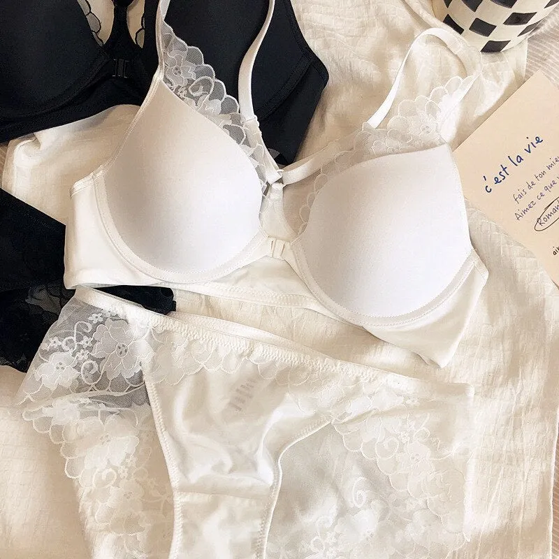 Women's Beautiful Back Lingerie Set - Thin Glossy Cup, Cross Backless, Lace Front Closure Bra & Panties with Push Up