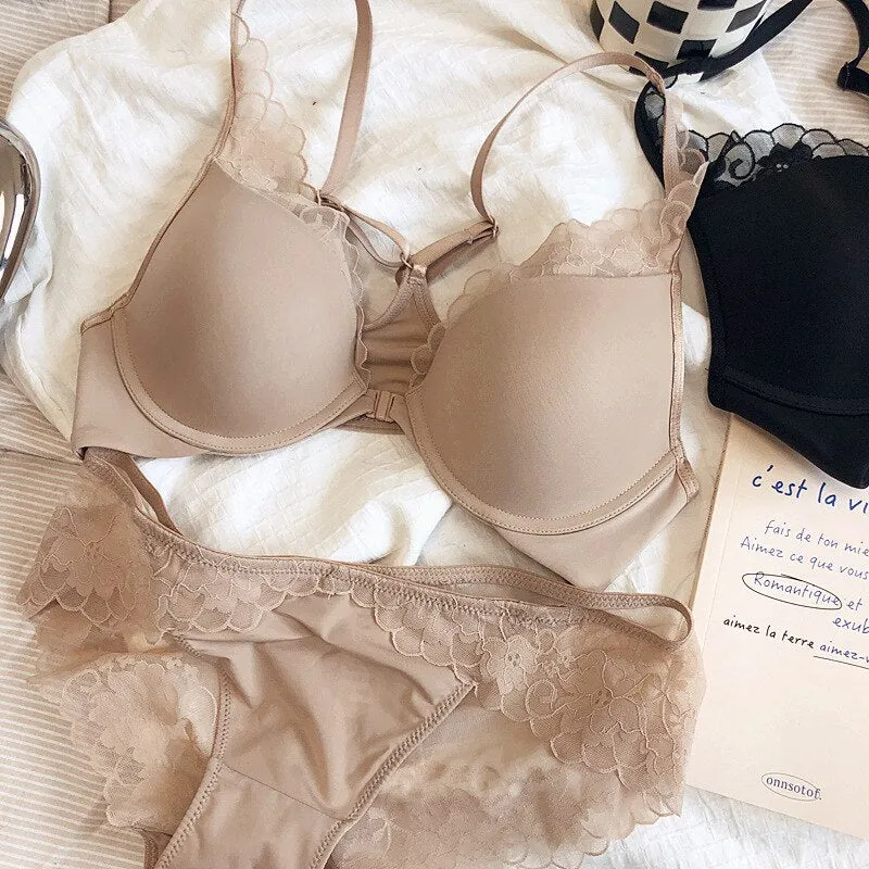 Women's Beautiful Back Lingerie Set - Thin Glossy Cup, Cross Backless, Lace Front Closure Bra & Panties with Push Up
