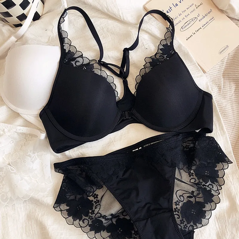 Women's Beautiful Back Lingerie Set - Thin Glossy Cup, Cross Backless, Lace Front Closure Bra & Panties with Push Up