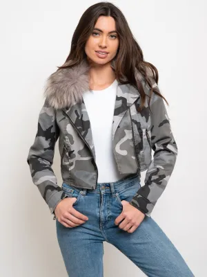 WOMEN'S CROPPED FAUX FUR LINED FAUX LINED COTTON JACKET