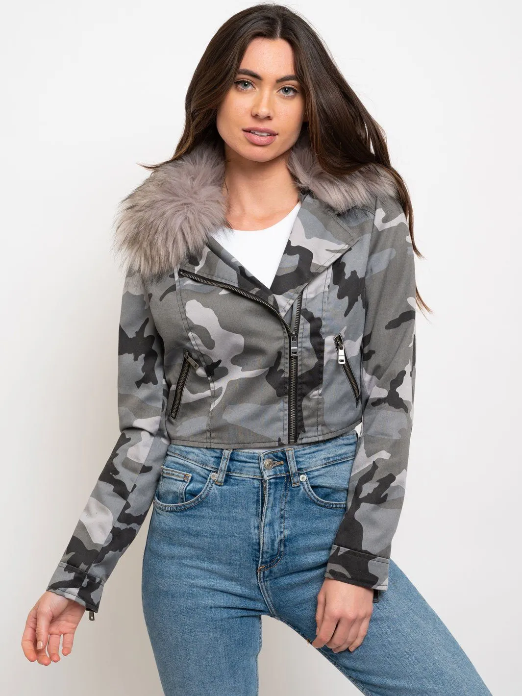 WOMEN'S CROPPED FAUX FUR LINED FAUX LINED COTTON JACKET