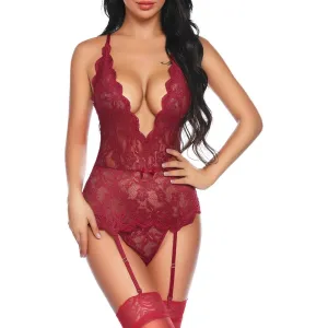 Women's Lingerie Babydoll with Garter and Stockings Mini Teddy Bodysuit Sexy Lingerie Backless Chemise, Women Lingerie Set Lace Teddy Strap Babydoll Bodysuit with Stockings
