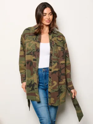 WOMEN'S LONG SLEEVE BUTTON CLOSURE SELF TIE CAMO PRINT JACKET