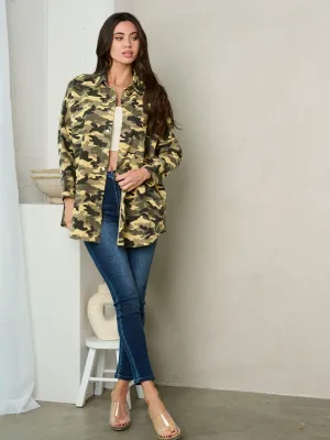 WOMEN'S LONG SLEEVE BUTTON UP CAMO PRINT JACKET