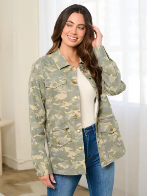 WOMEN'S LONG SLEEVE BUTTON UP POCKETS CAMO PRINT JACKET