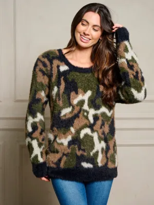 WOMEN'S LONG SLEEVE CAMO PRINT PULLOVER SWEATER