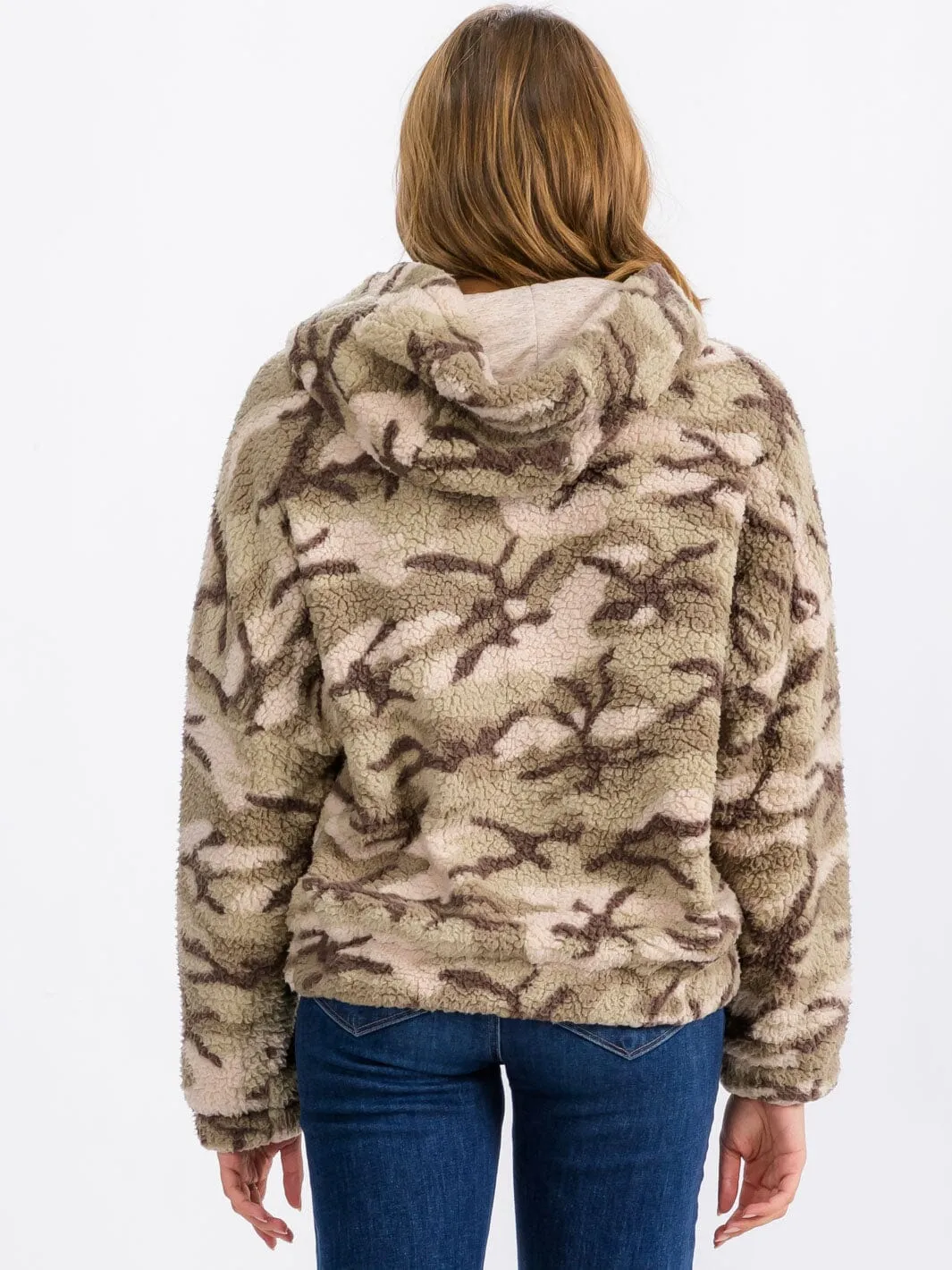 WOMEN'S LONG SLEEVE FRONT POCKETS HOODED CAMO PULLOVER SWEATER