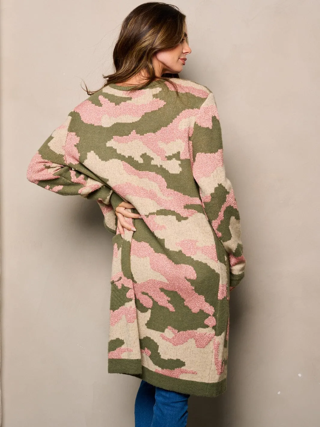 WOMEN'S LONG SLEEVE OPEN FRONT POCKETS CAMO SHIMMER PRINT CARDIGAN