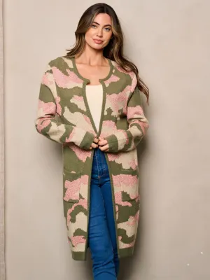WOMEN'S LONG SLEEVE OPEN FRONT POCKETS CAMO SHIMMER PRINT CARDIGAN