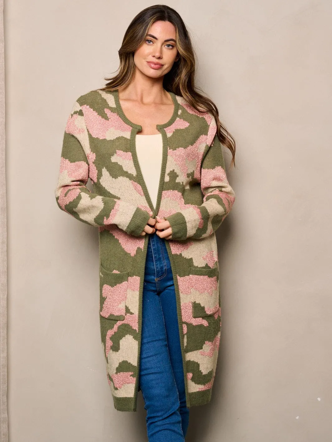 WOMEN'S LONG SLEEVE OPEN FRONT POCKETS CAMO SHIMMER PRINT CARDIGAN