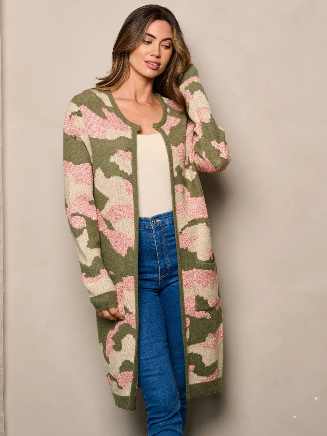 WOMEN'S LONG SLEEVE OPEN FRONT POCKETS CAMO SHIMMER PRINT CARDIGAN