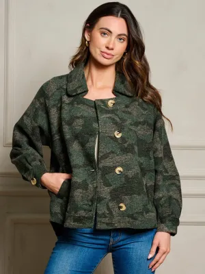 WOMEN'S LONG SLEEVE POCKETS BUTTON UP CAMO PRINT JACKET
