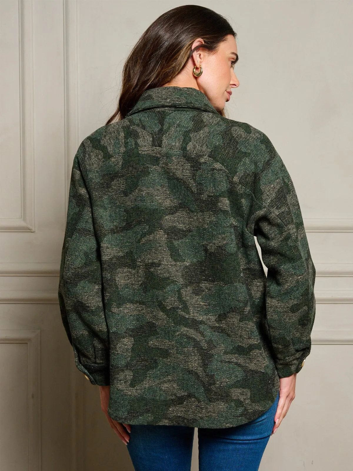 WOMEN'S LONG SLEEVE POCKETS BUTTON UP CAMO PRINT JACKET