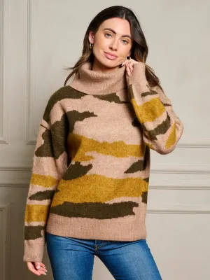 WOMEN'S LONG SLEEVE TURTLE NECK PULLOVER CAMO PRINT SWEATER
