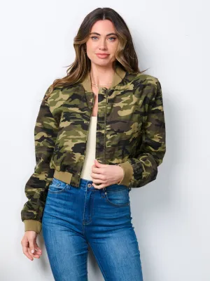 WOMEN'S LONG SLEEVE ZIP UP CAMO PRINT BOMBER JACKET