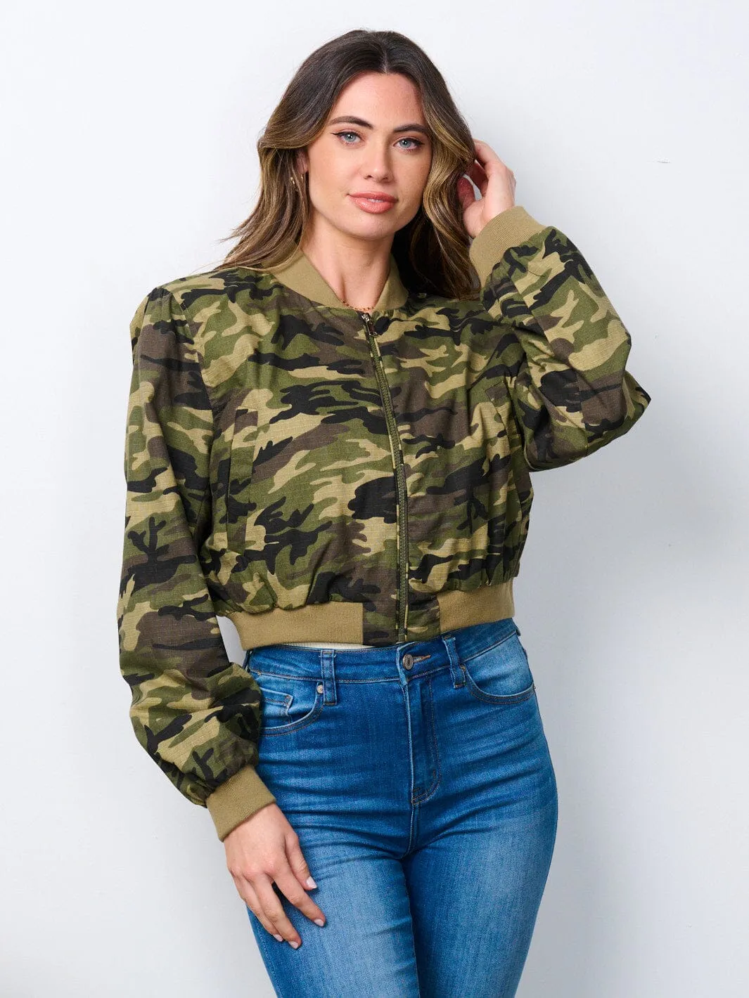 WOMEN'S LONG SLEEVE ZIP UP CAMO PRINT BOMBER JACKET